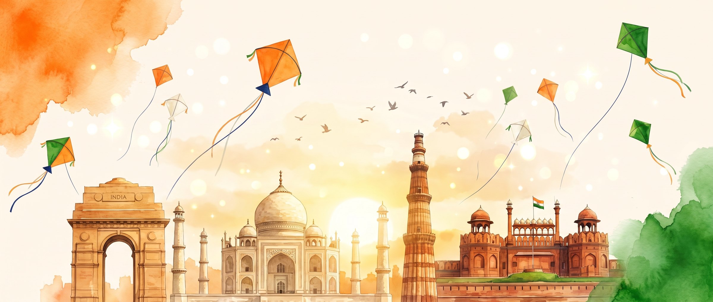 Watercolour panorama of Indian monuments at golden hour with tricolour kites in the sky