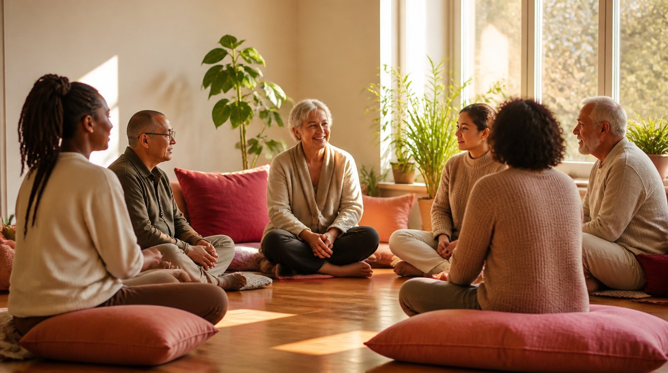 A circle of people of different ages sitting together in a sunlit room