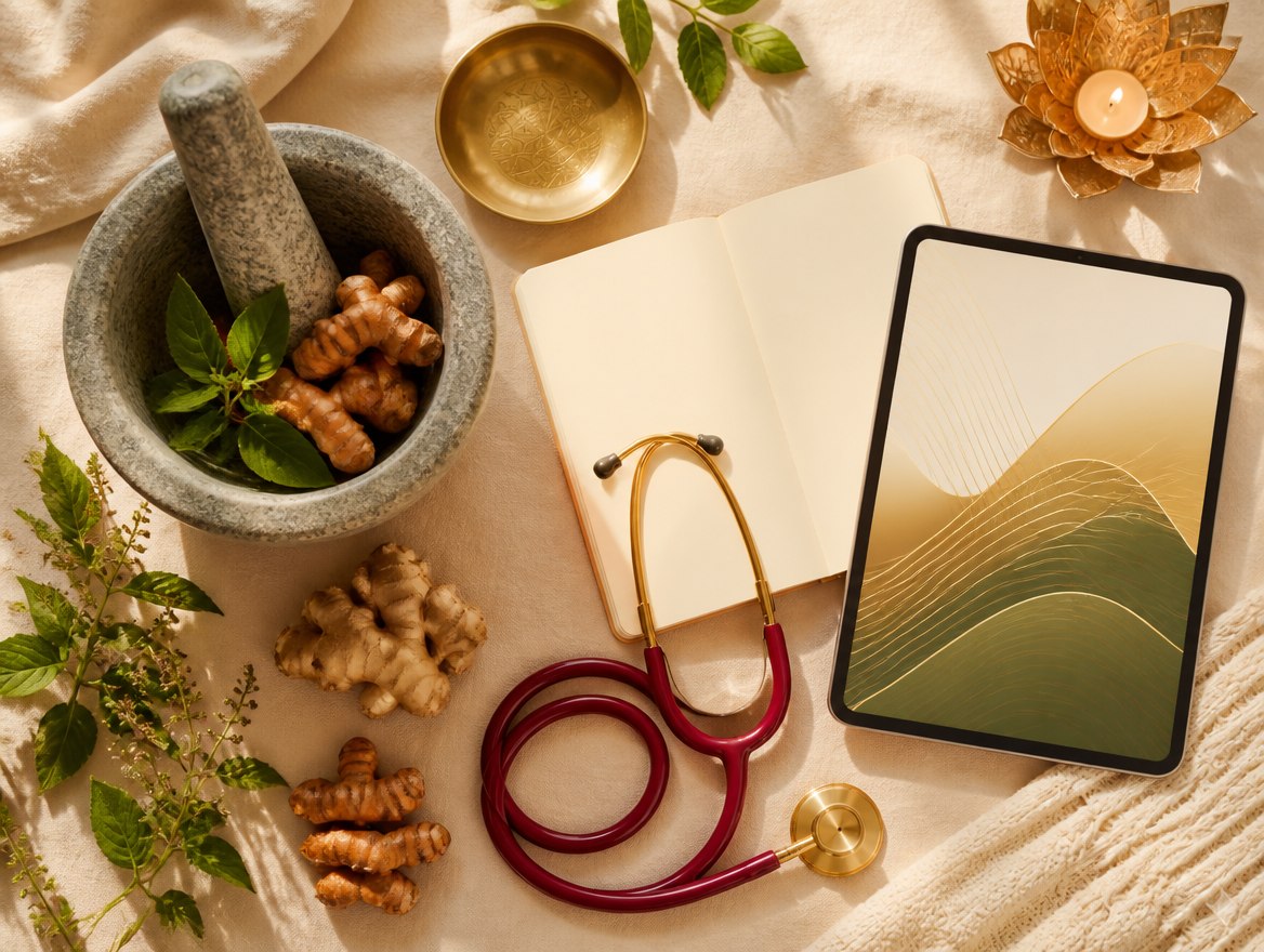 A mortar and pestle with turmeric and tulsi beside a notebook, a tablet and a stethoscope on cream linen