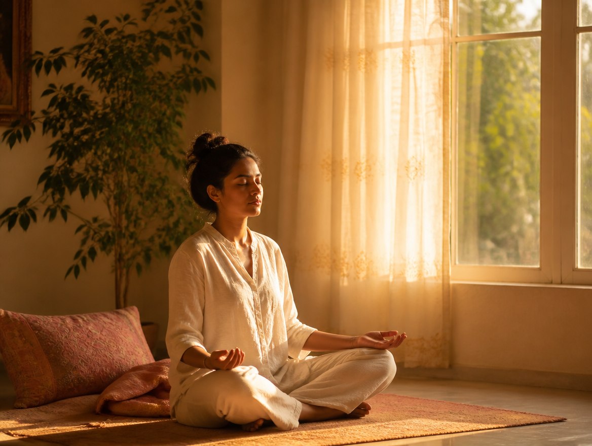 A person seated by a window in early morning light, eyes closed, breathing calmly