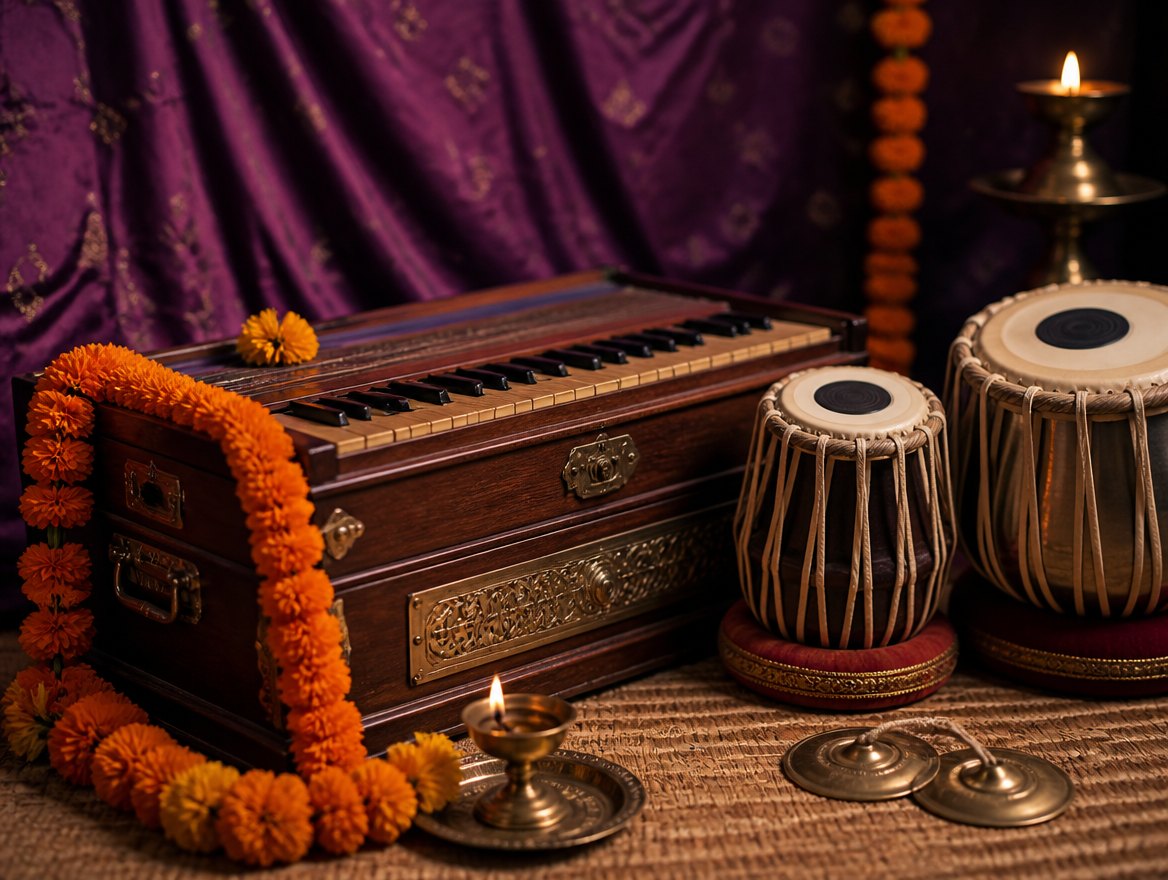 A wooden harmonium draped with marigold garlands beside tabla drums, brass cymbals and a lit oil lamp
