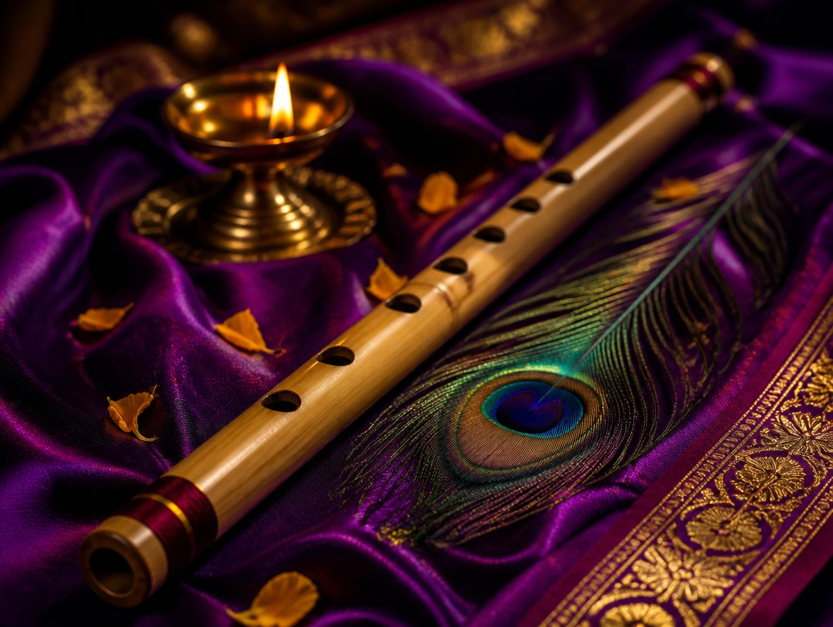 A bamboo flute and an iridescent peacock feather resting on royal purple silk with gold embroidery