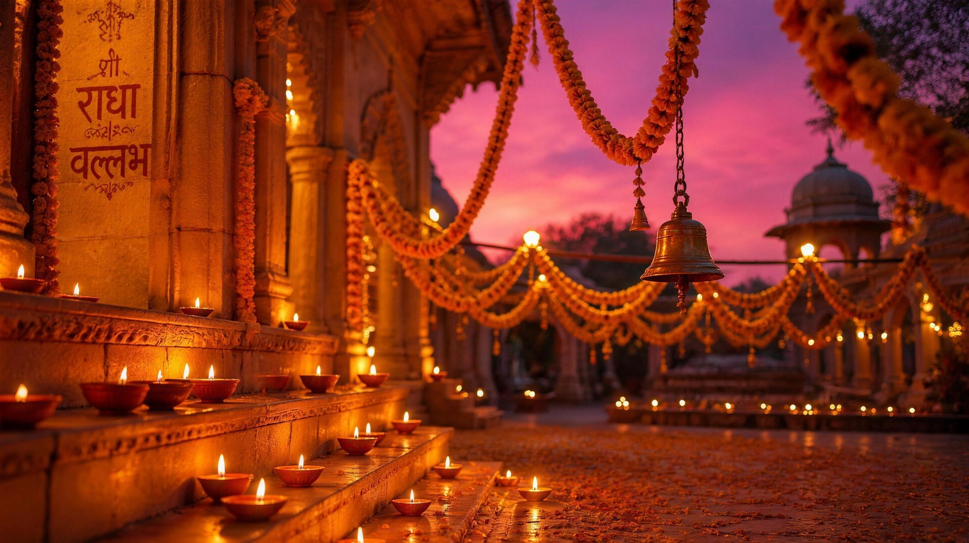 A temple courtyard at dusk lit by rows of clay oil lamps, marigold garlands strung overhead and a brass bell hanging