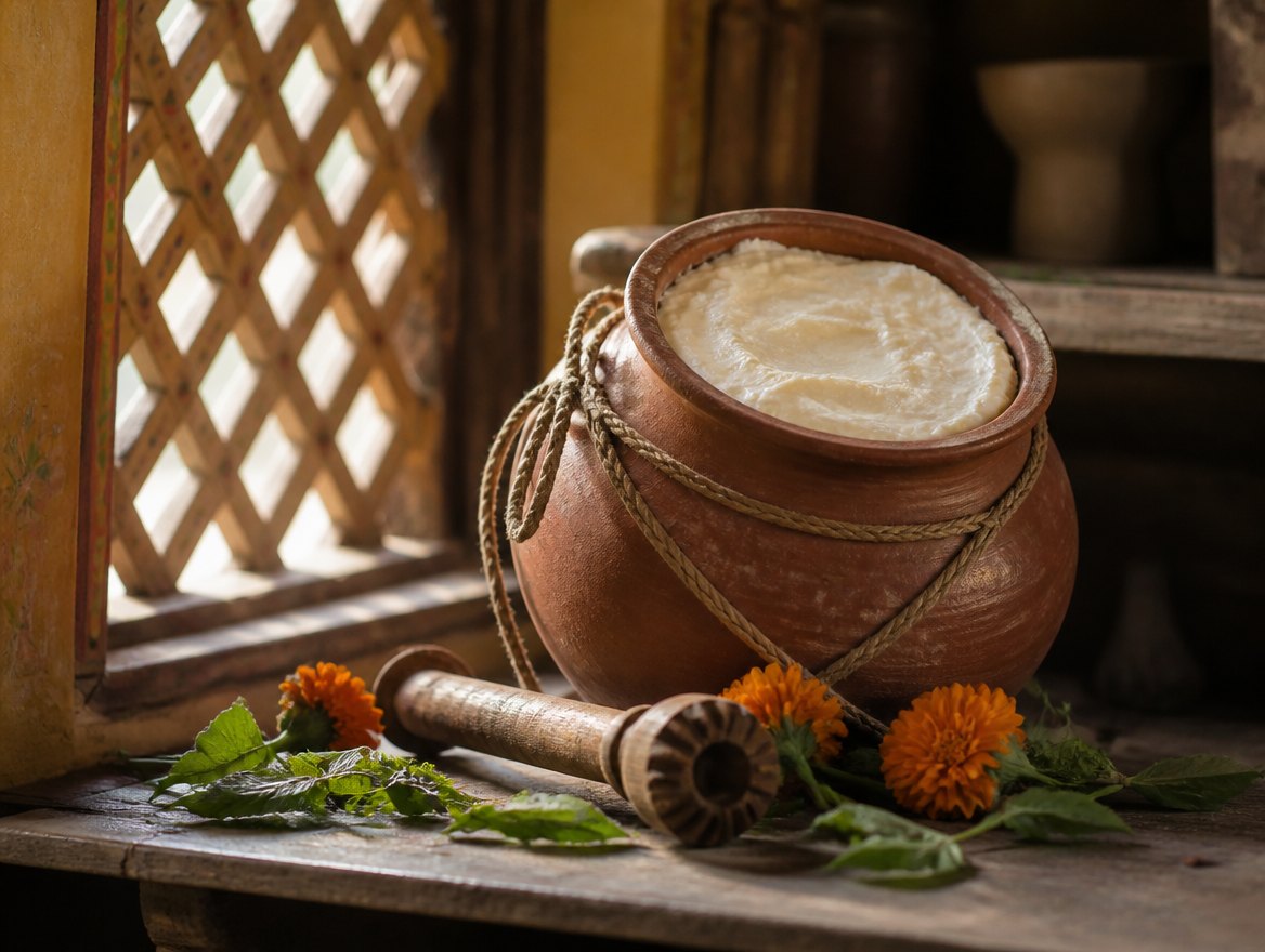A clay pot of fresh butter tied with rope on a wooden shelf, marigolds and tulsi leaves beside it in morning light