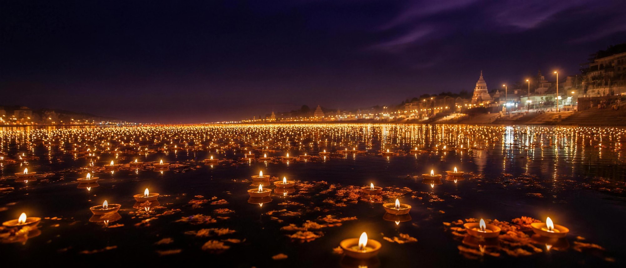 Hundreds of small clay lamps floating on dark river water at night, their flames doubled in the reflection