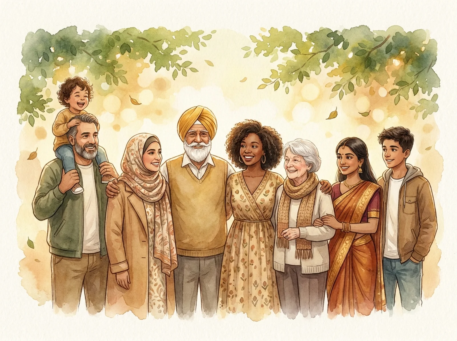 A diverse group of people of different ages and faiths standing together outdoors