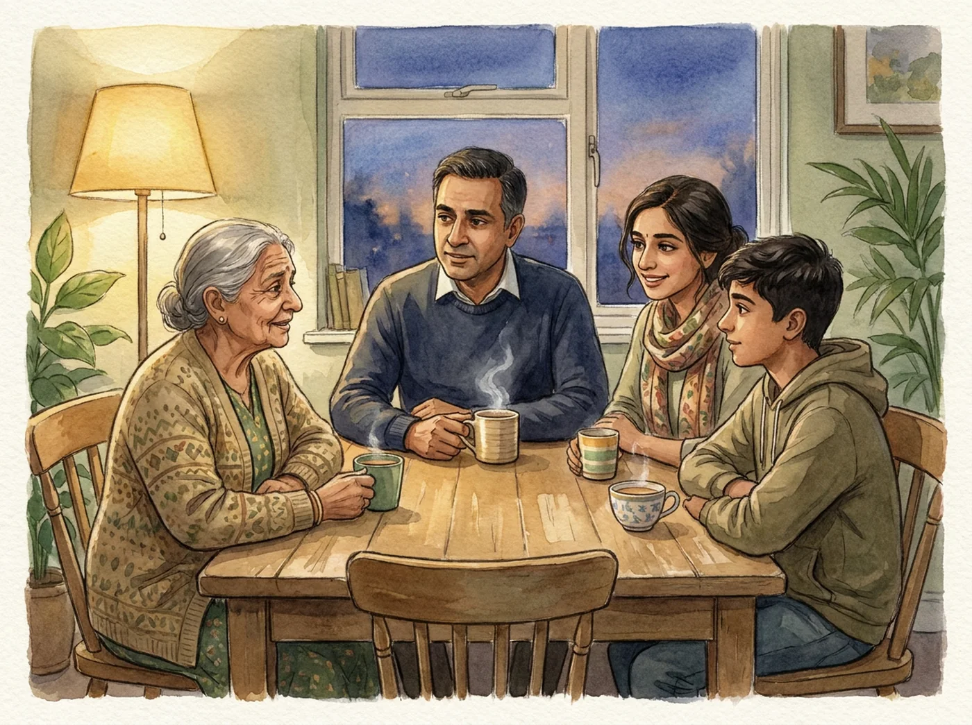 A family talking together around a kitchen table over cups of chai