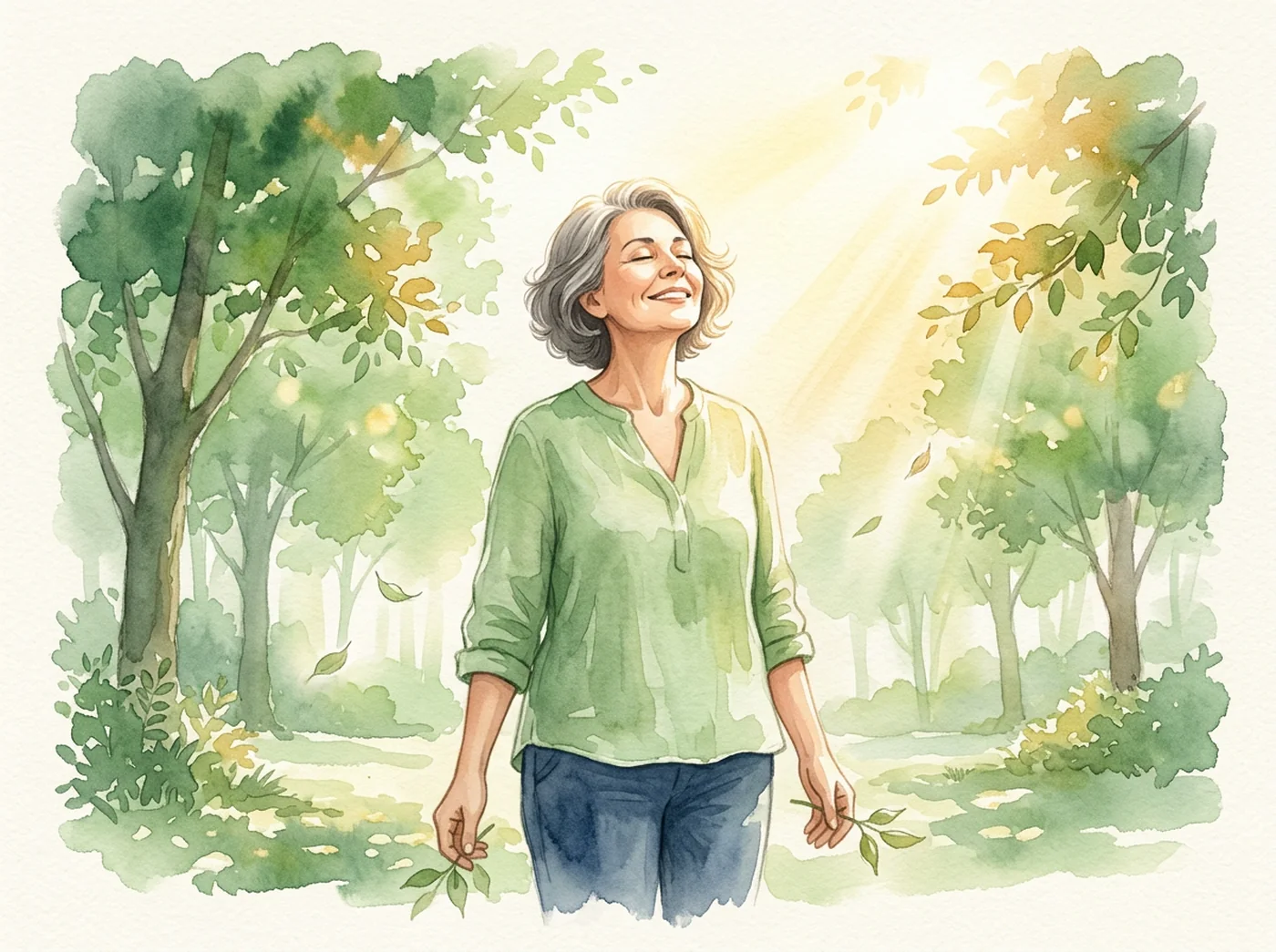 A woman standing outdoors in morning sunlight with her face turned to the sun