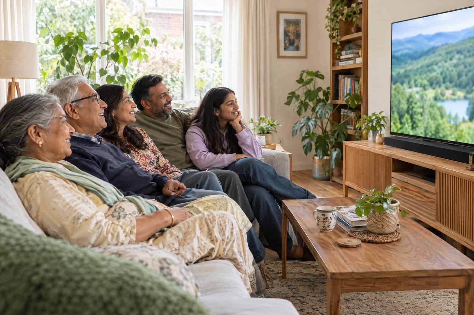 Family watching together Three generations of a family on a sofa watching an online talk on a large TV