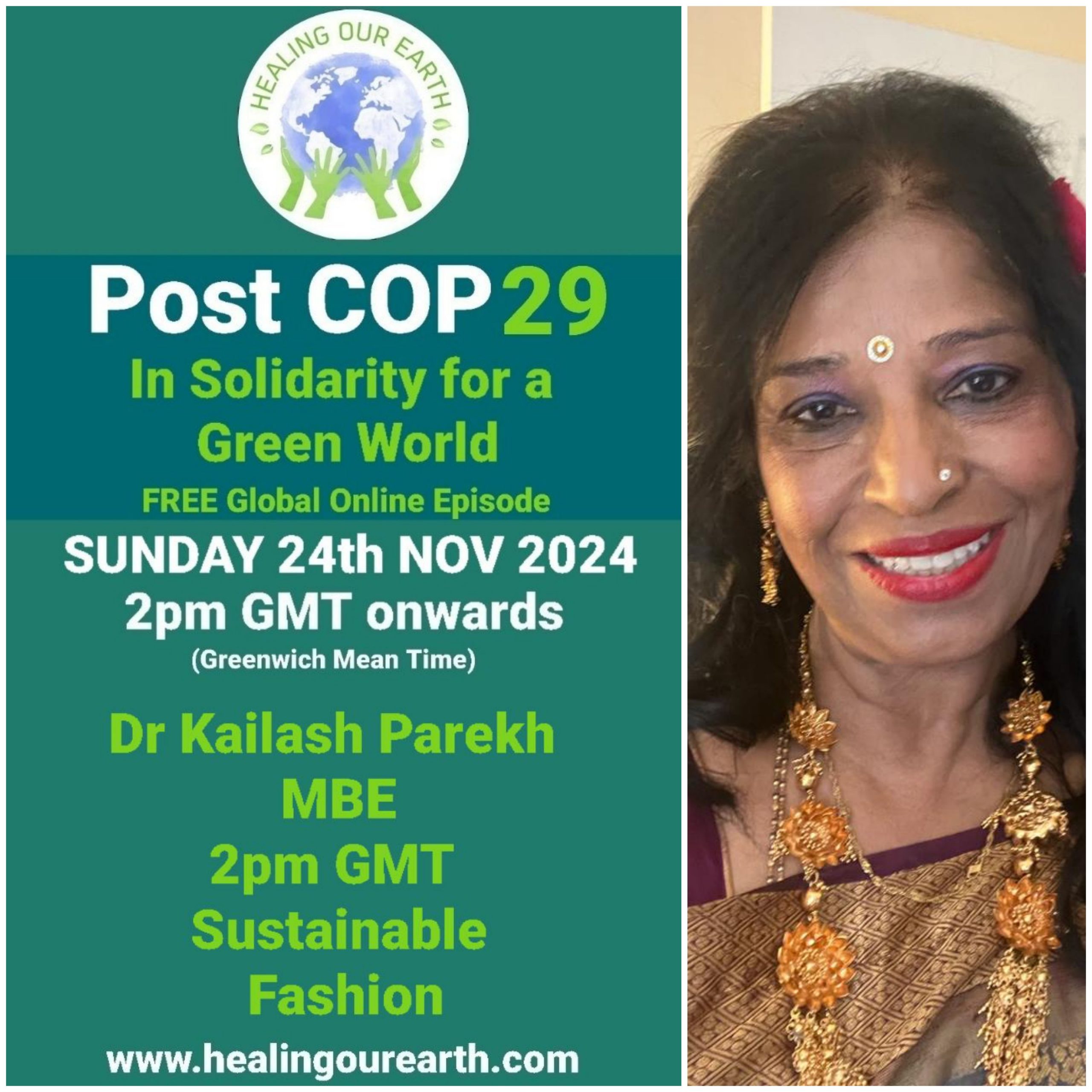 The image is a poster for a "Post COP29" online event on sustainable fashion, scheduled for Sunday, 24th November 2024, at 2pm GMT. It features a smiling woman in traditional attire next to text with event details, organized by healingourearth.com.
