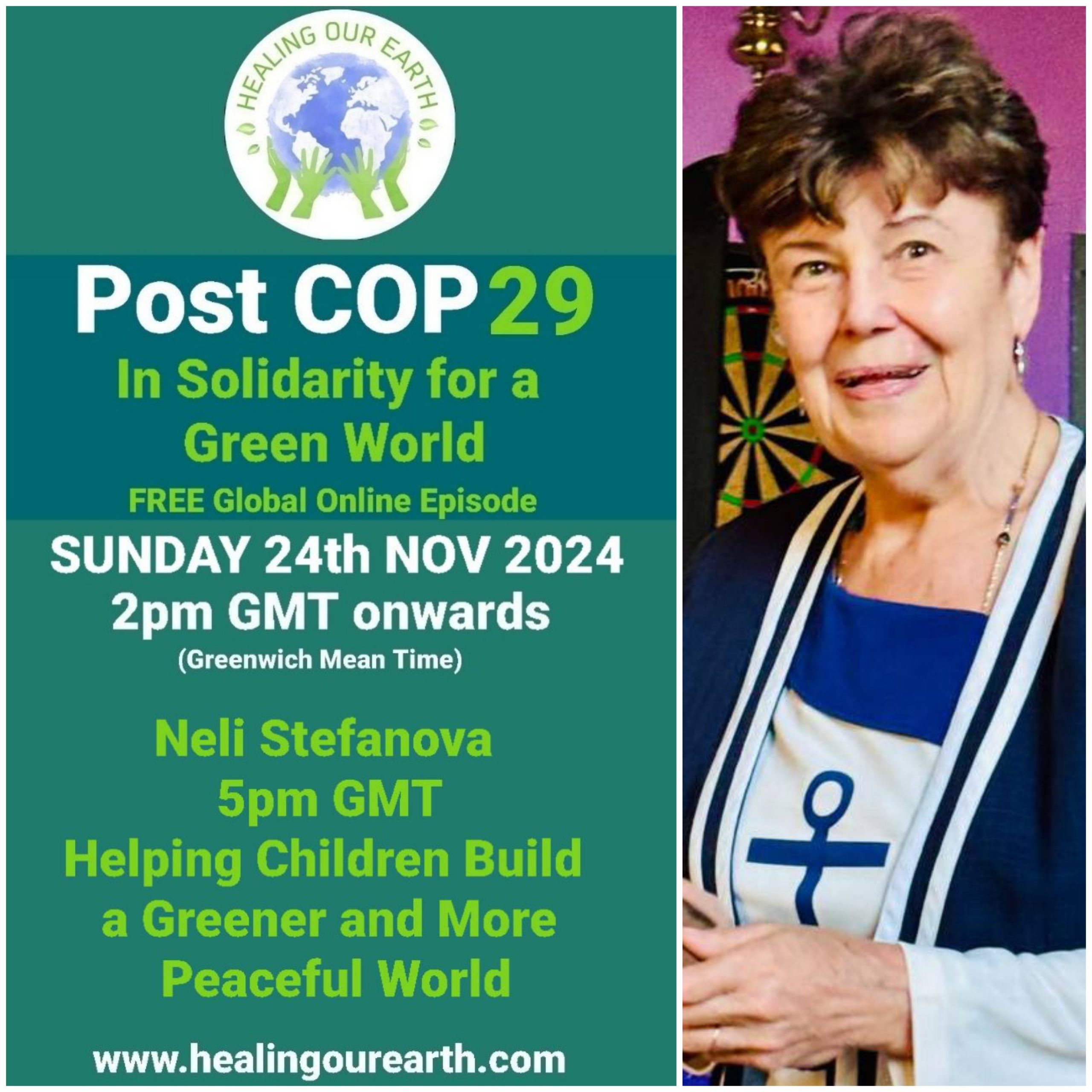 A promotional poster features a woman in a dark blazer with a white top, standing next to text. The text announces a free online event titled "Post COP29" on Sunday, 24th November 2024, starting at 2pm GMT. Speaker Neli Stefanova will present at 5pm GMT. Website: healingourearth.com.