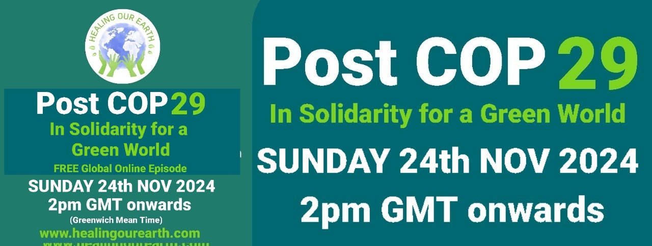 A promotional banner for "Post COP 29: In Solidarity for a Green World," scheduled for Sunday, 24th November 2024, at 2pm GMT. The event is a free global online episode. The banner features a logo with a circle, a globe, and leaves. Website: healingourearth.com.