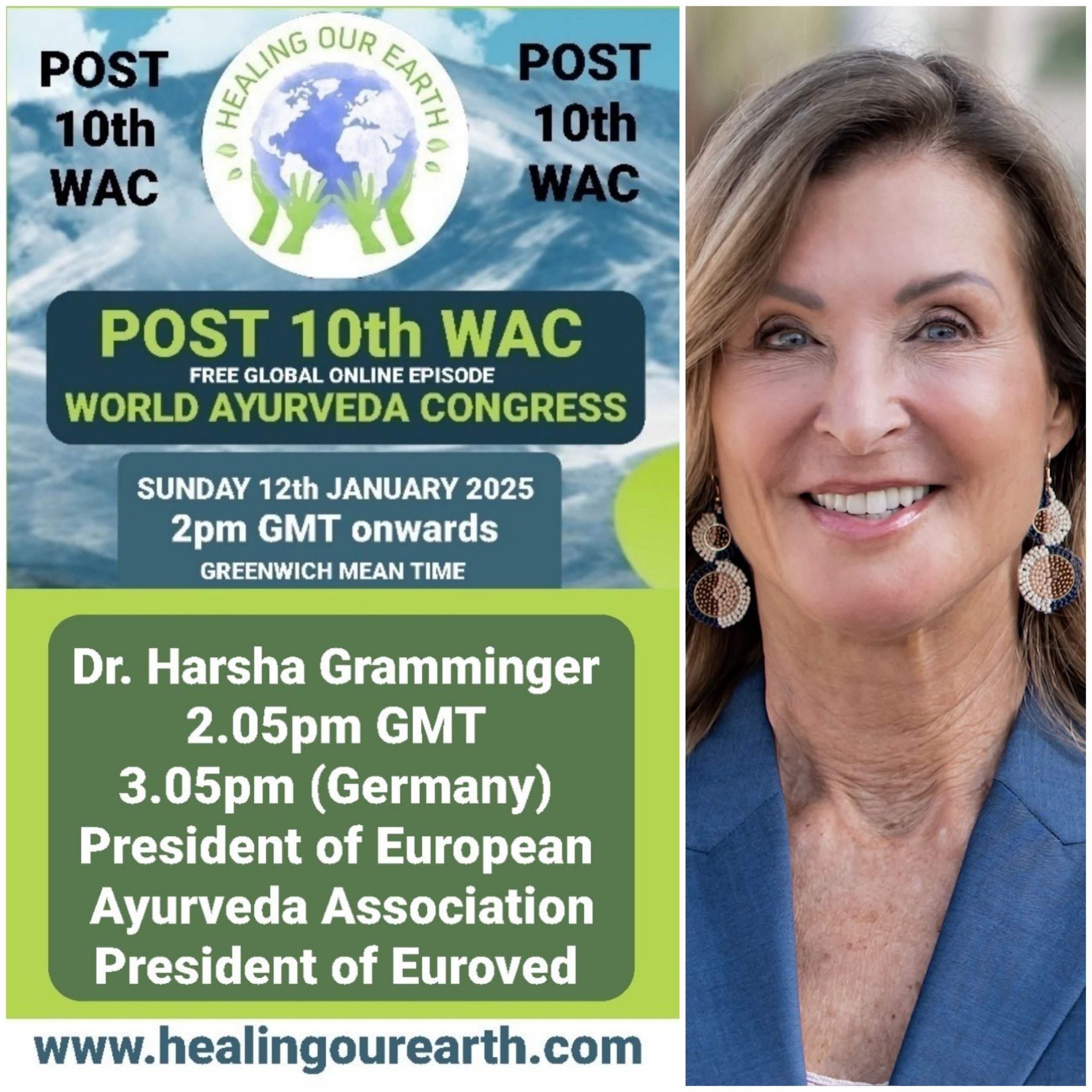 Promotional image for a free global online episode of the World Ayurveda Congress on January 12, 2025, at 2 PM GMT. Features Dr. Harsha Gramminger, President of the European Ayurveda Association. Includes event details and a headshot of Dr. Gramminger on the right.