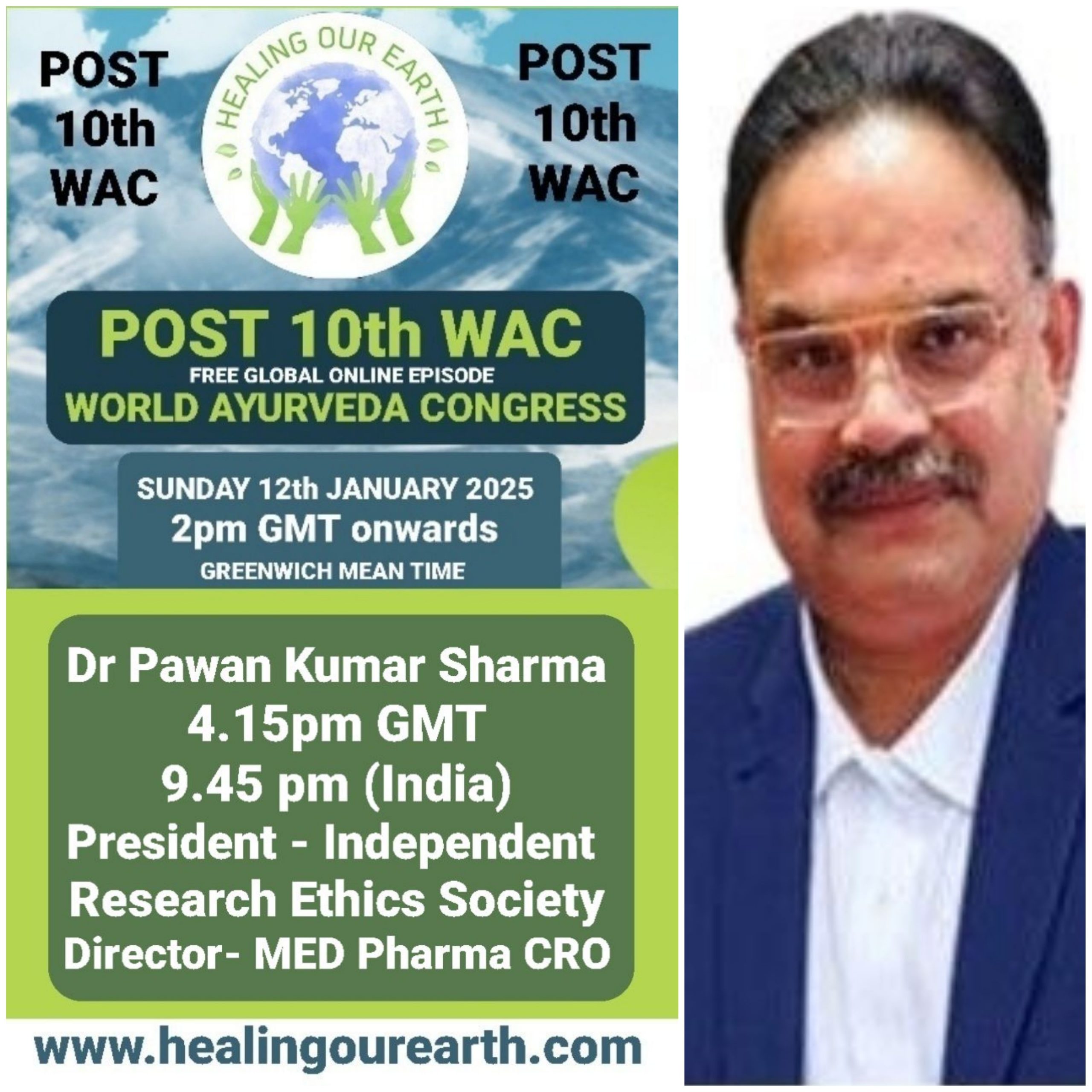 Image showing a promotional poster for the World Ayurveda Congress, dated Sunday 12th January 2025 at 2pm GMT. It features an image of a man in a suit and provides details about Dr. Pawan Kumar Sharma, including his titles and scheduled speaking times.