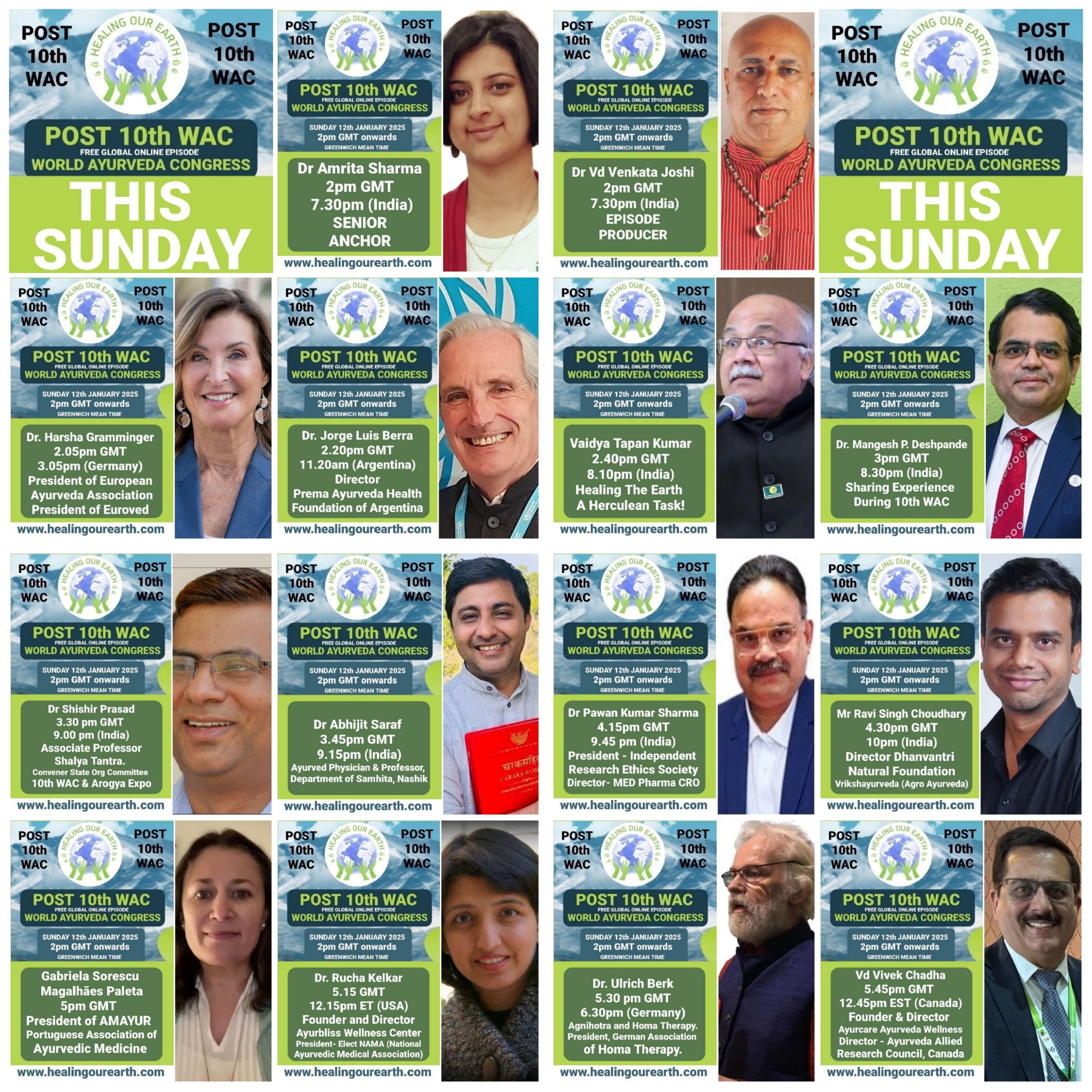 A collage of speaker profiles for the Post-10th World Ayurveda Congress, featuring 20 diverse individuals. Each person's photo is placed above their name, title, and event details. The event is advertised for "THIS SUNDAY" with a globe logo and healingourearth.com listed as a website.