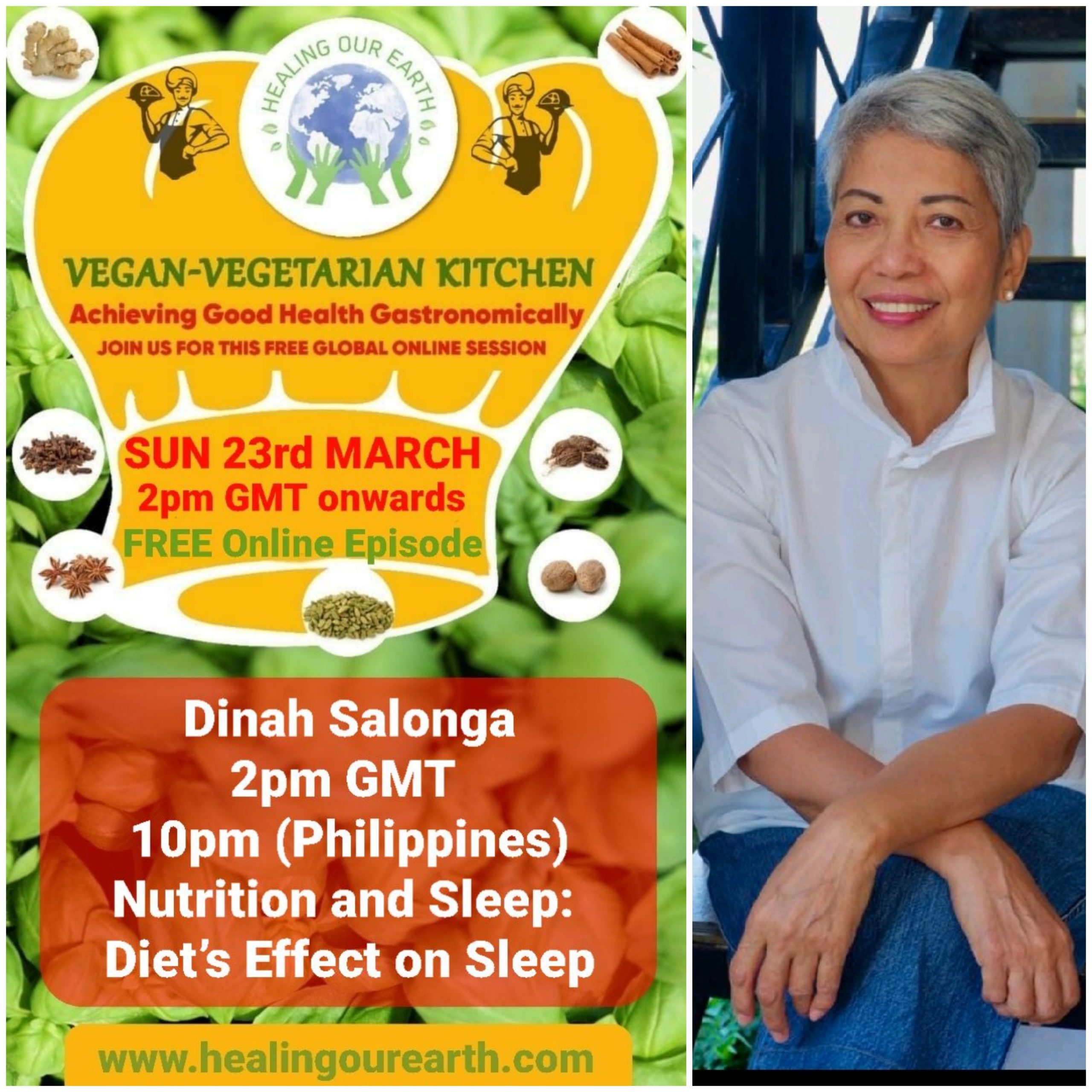 Poster for a vegan-vegetarian online event featuring Dinah Salonga, on Sunday, 23rd March at 2pm GMT. The topic is "Nutrition and Sleep: Diet’s Effect on Sleep." Includes event details, time conversions, logos, and a photo of a person smiling in a casual setting.