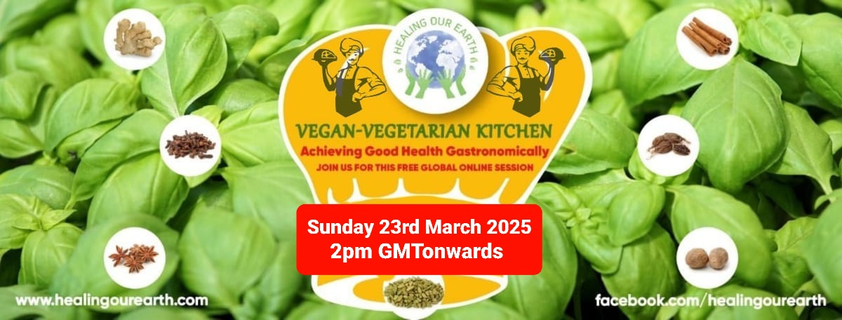 Bright green basil leaves form the background of a promotional image for a Vegan-Vegetarian Kitchen event. Various herbs are displayed in small circles around a central yellow shield logo. Text in red reads: "Sunday 23rd March 2025, 2pm GMT onwards." Contact info is at the bottom.