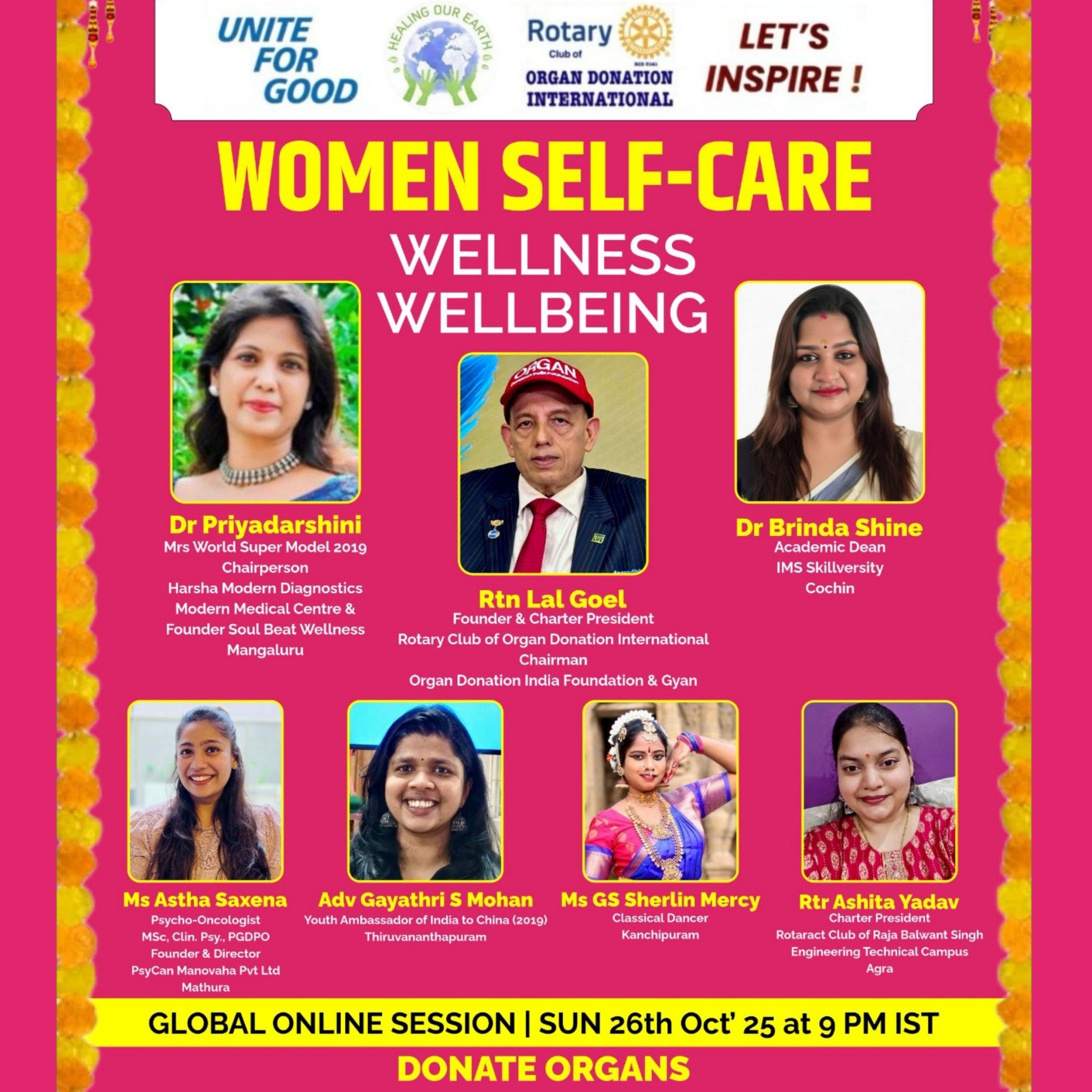 Promotional poster for a women’s self-care and empowerment online event with speaker photos, schedule, and social media details.