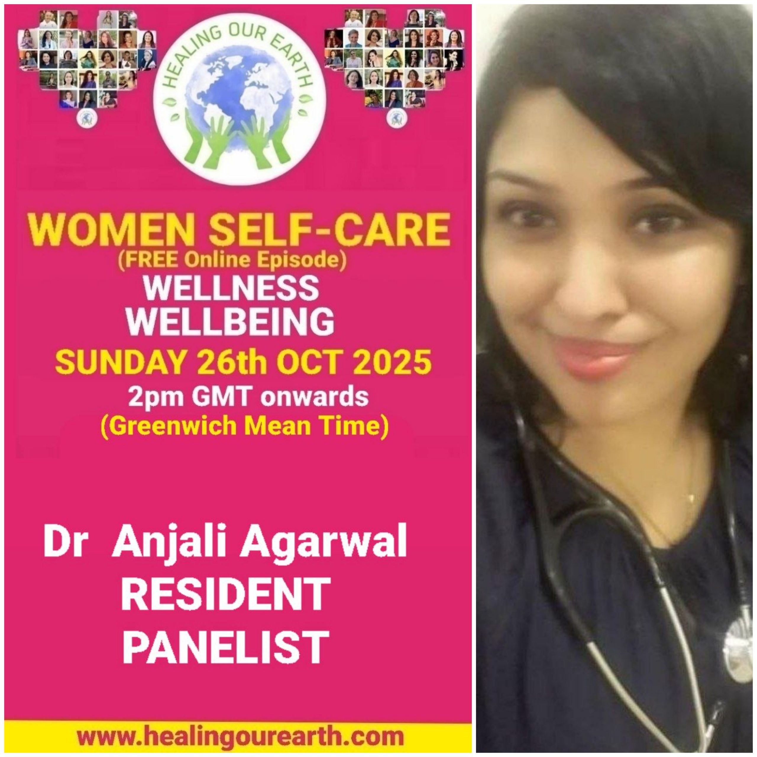 Promotional poster for a women’s self-care and empowerment online event with speaker photos, schedule, and social media details.