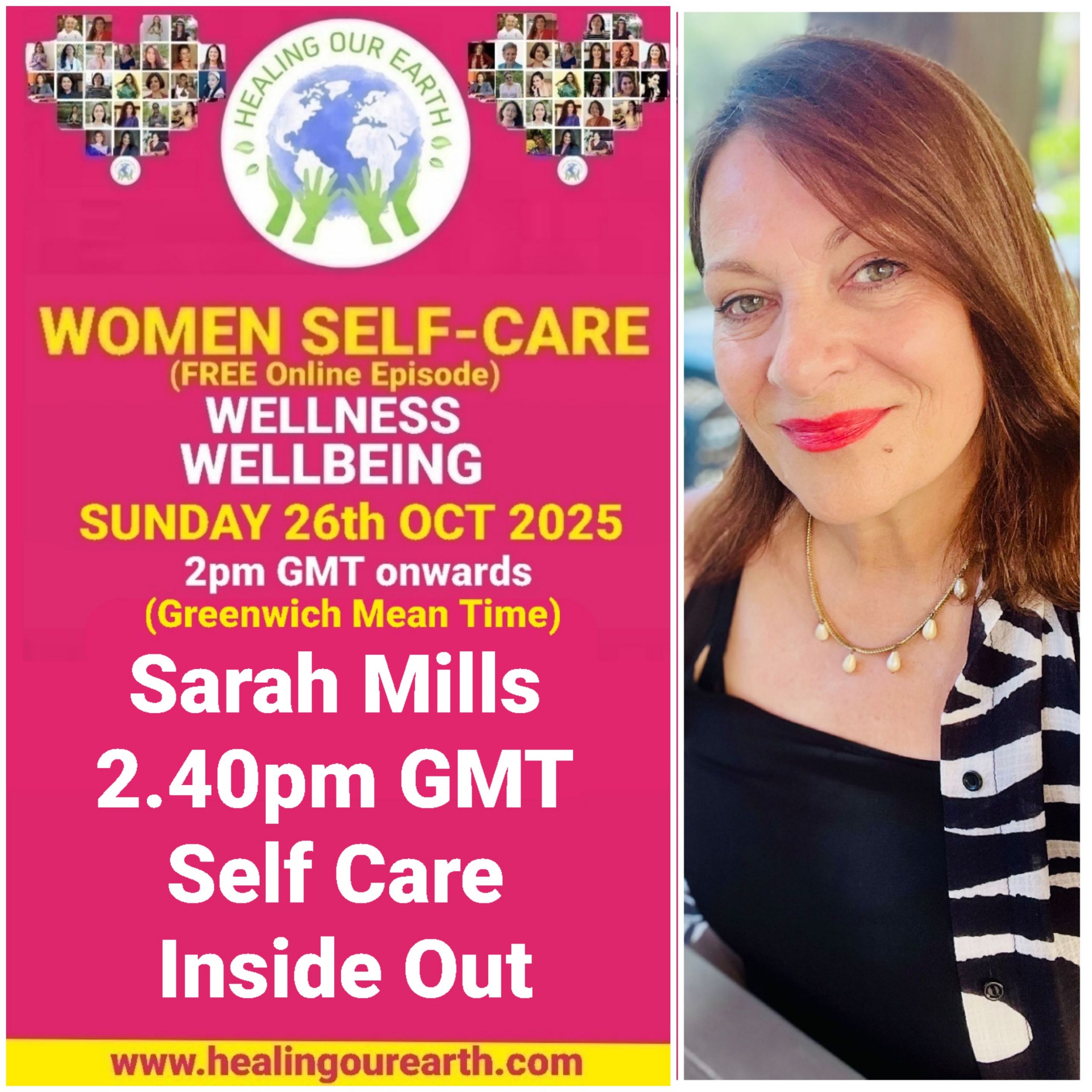 Promotional poster for a women’s self-care and empowerment online event with speaker photos, schedule, and social media details.