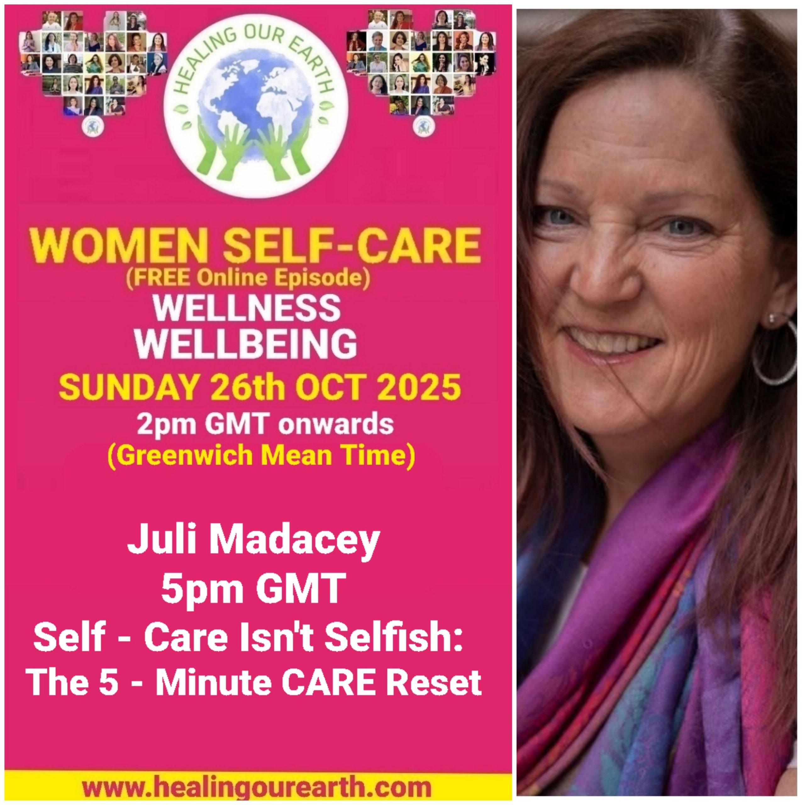 Promotional poster for a women’s self-care and empowerment online event with speaker photos, schedule, and social media details.
