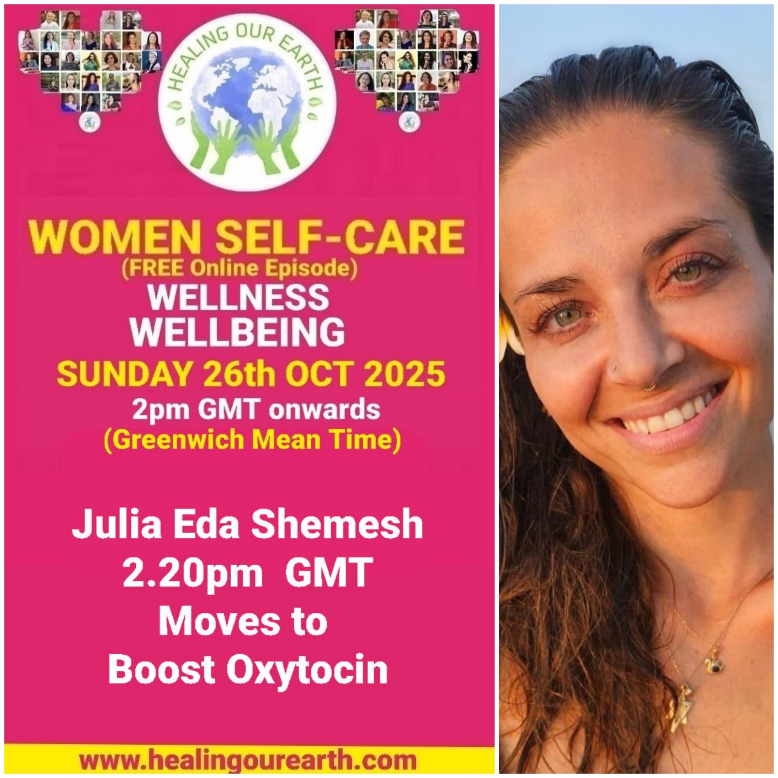 Promotional poster for a women’s self-care and empowerment online event with speaker photos, schedule, and social media details.