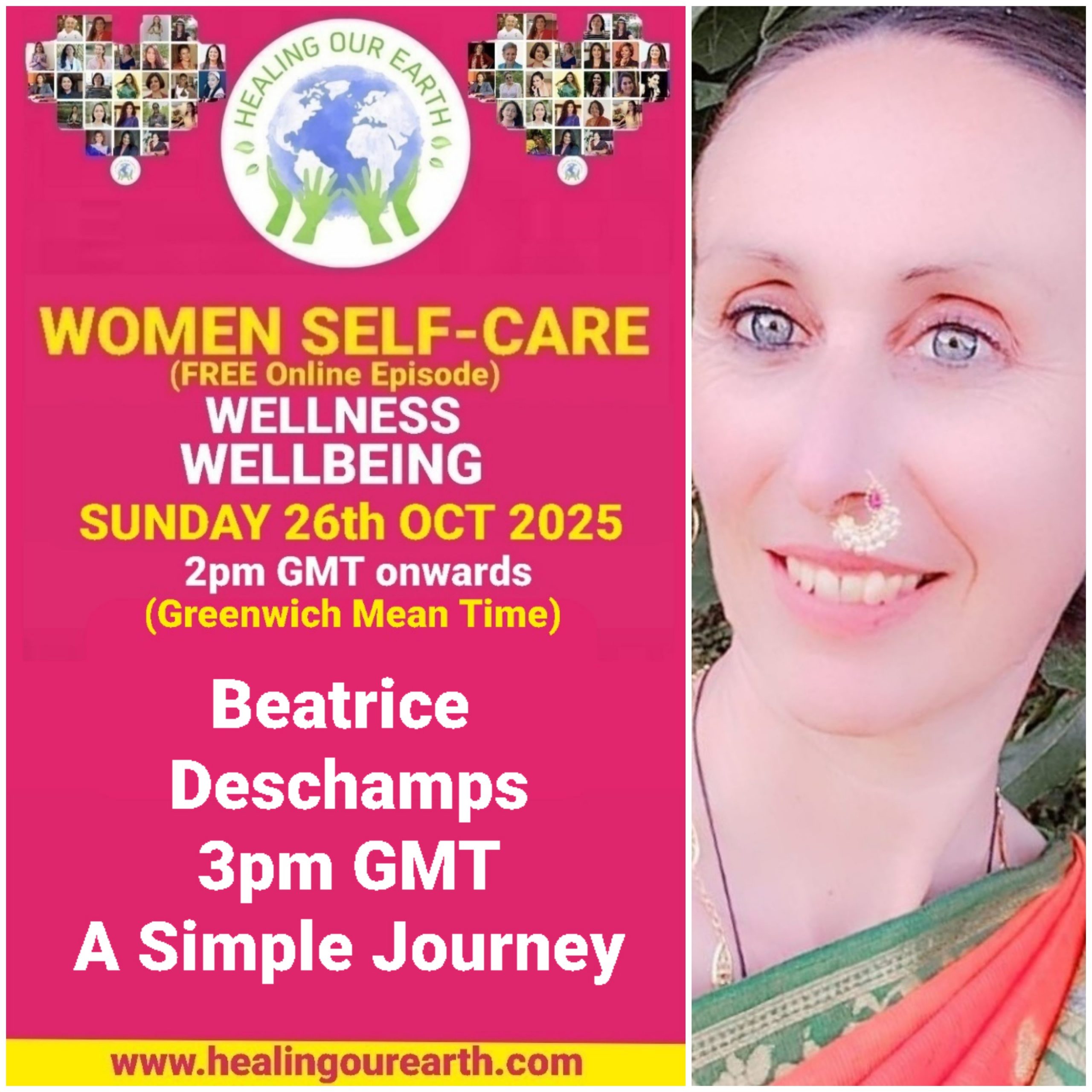 Promotional poster for a women’s self-care and empowerment online event with speaker photos, schedule, and social media details.