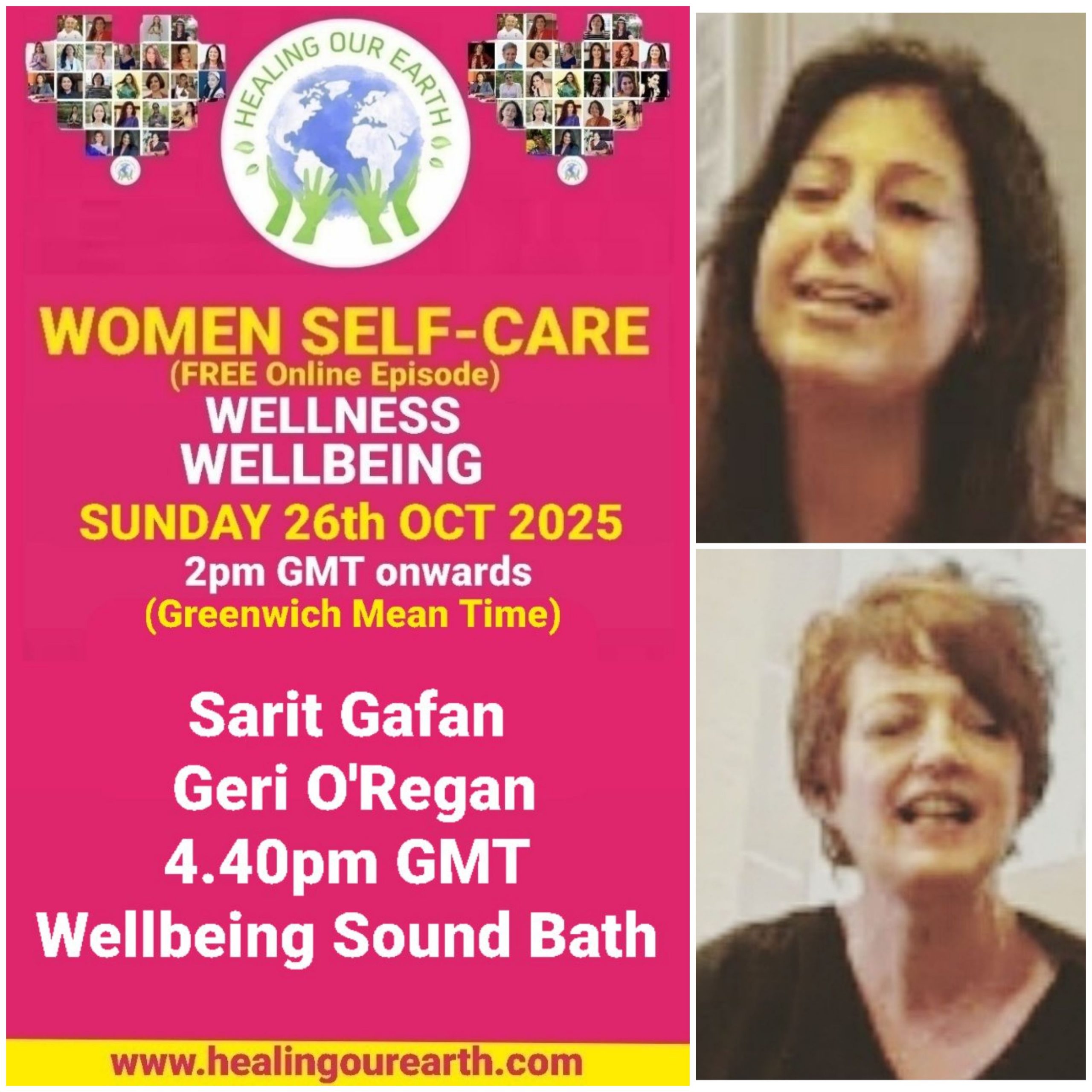 Promotional poster for a women’s self-care and empowerment online event with speaker photos, schedule, and social media details.