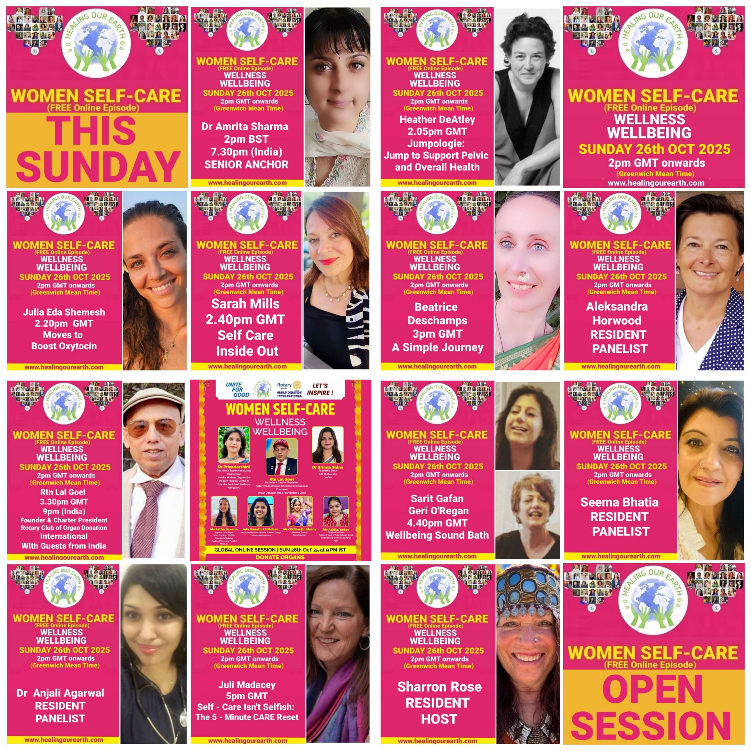 Promotional poster for a women’s self-care and empowerment online event with speaker photos, schedule, and social media details.