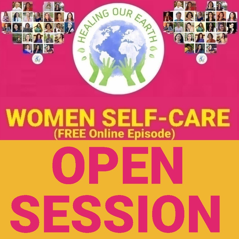 Promotional poster for a women’s self-care and empowerment online event with speaker photos, schedule, and social media details.